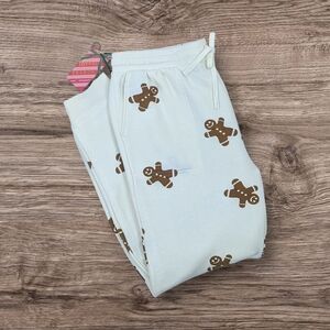 Jane + Delancey Gingerbread Man Print Lounge Pants Joggers Cream Brown L NWT